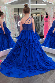 Royal Blue Beaded One-Shoulder Ruffle Girl Pageant Dress