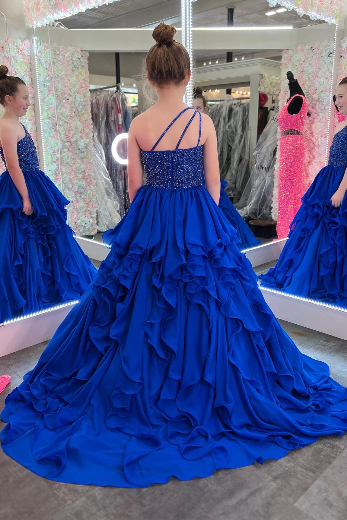 Royal Blue Pageant Attire Royal Blue Beaded One-Shoulder Ruffle Girl Pageant Dress Modsele