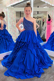 Royal Blue Beaded One-Shoulder Ruffle Girl Pageant Dress