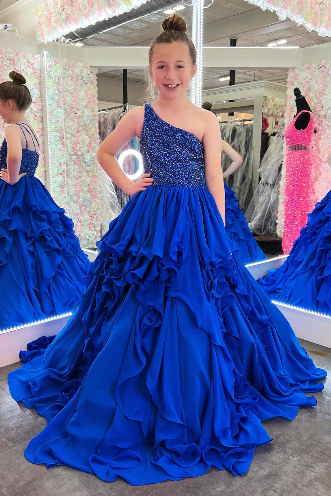 Royal Blue Beaded One-Shoulder Ruffle Girl Pageant Dress
