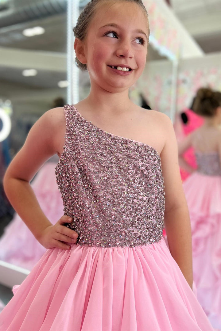 Royal Blue Beaded One-Shoulder Ruffle Girl Pageant Dress