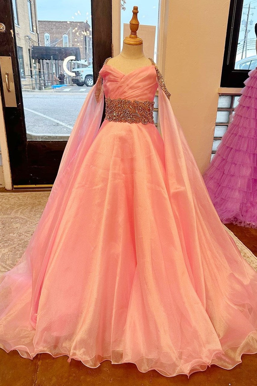 Pink Cold-Shoulder Beaded Long Girl Pageant Dress