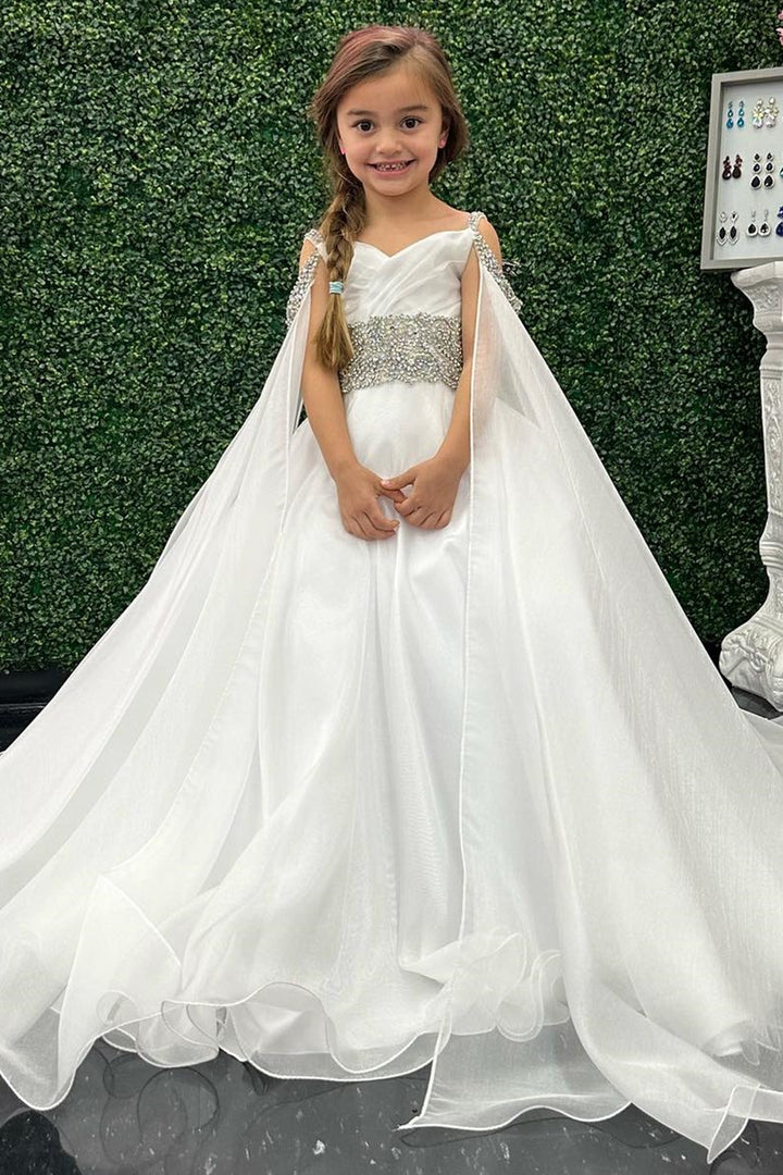 Pink Cold-Shoulder Beaded Long Girl Pageant Dress