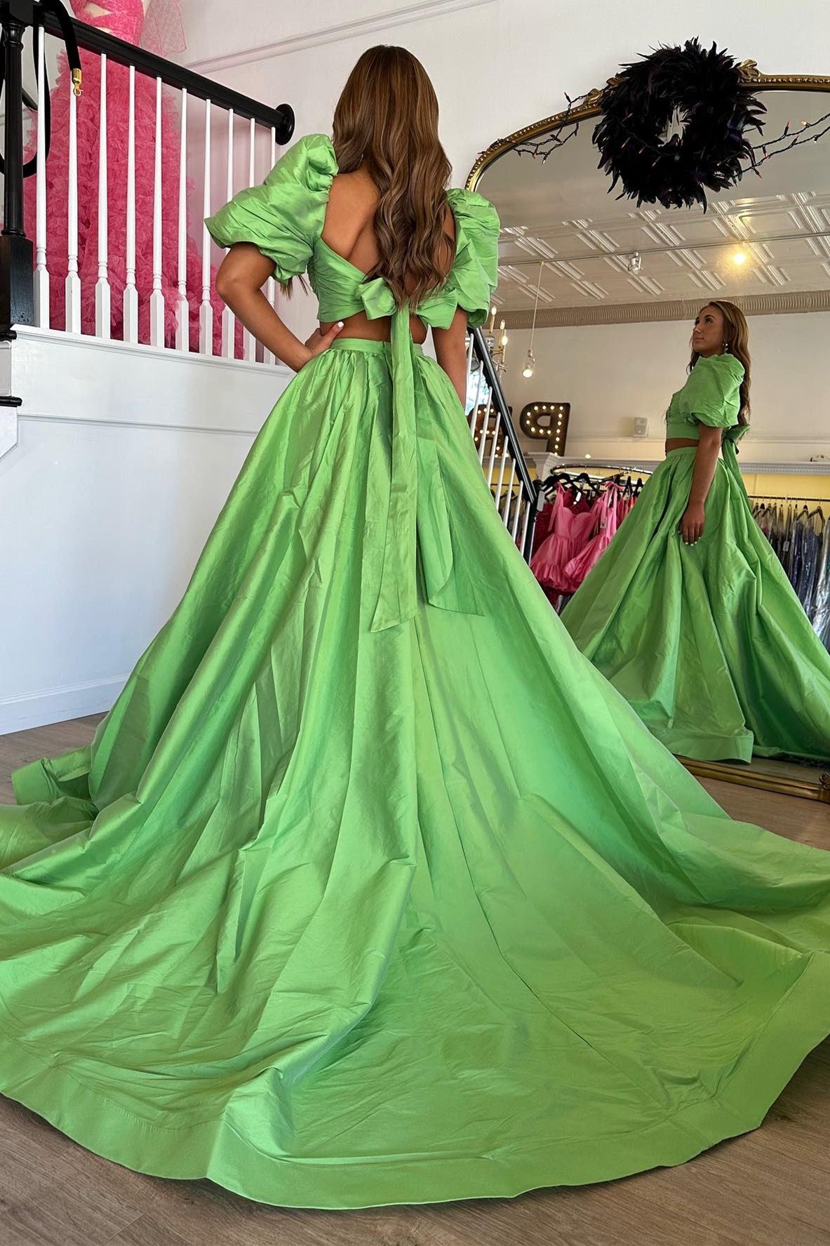 Two-Piece Green Puff Sleeve Tie-Back Long Prom Dress