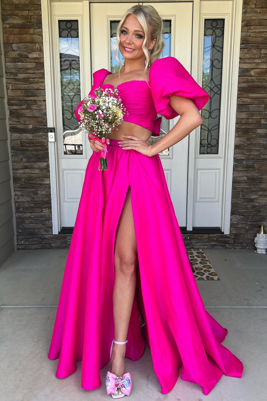 Two-Piece Green Puff Sleeve Tie-Back Long Prom Dress