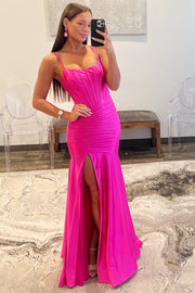 Hot Pink Scoop Neck Spaghetti Strap Long Prom Dress