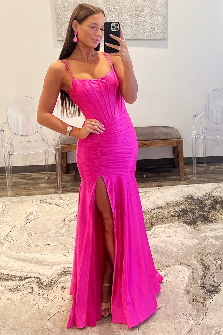 Hot Pink Scoop Neck Spaghetti Strap Long Prom Dress Modsele Hot Pink Scoop Neck Spaghetti Strap Long Prom Dress Modsele