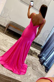 Hot Pink Scoop Neck Spaghetti Strap Long Prom Dress