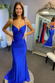 Royal Blue Lace-Up Mermaid Notched Hotfix Long Formal Dress
