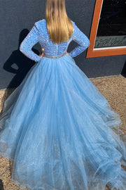 Blue Sequin Tulle Plunge V Long Sleeve A-Line Prom Dress