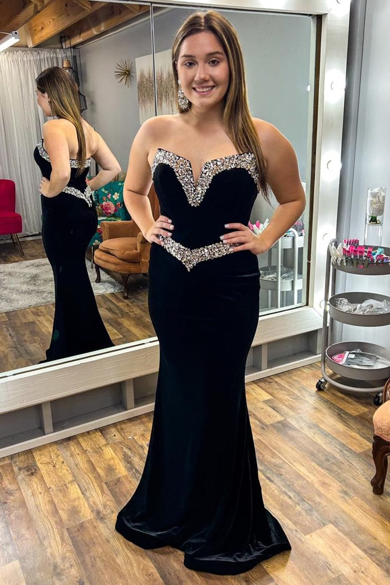 Black Strapless Rhinestone Mermaid Long Gown