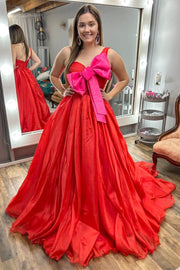 Red One-Shoulder Bow Ball Gown