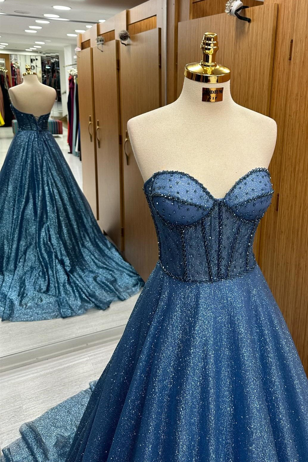 Navy Blue Sequin Beaded Sweetheart A-Line Long Prom Dress