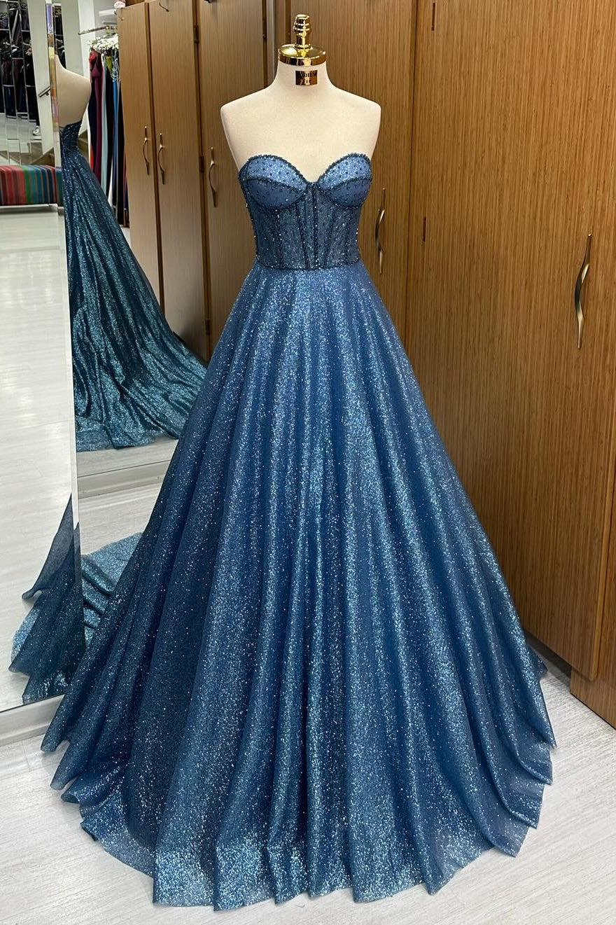 Navy Blue Sequin Beaded Sweetheart A-Line Long Prom Dress – Modsele