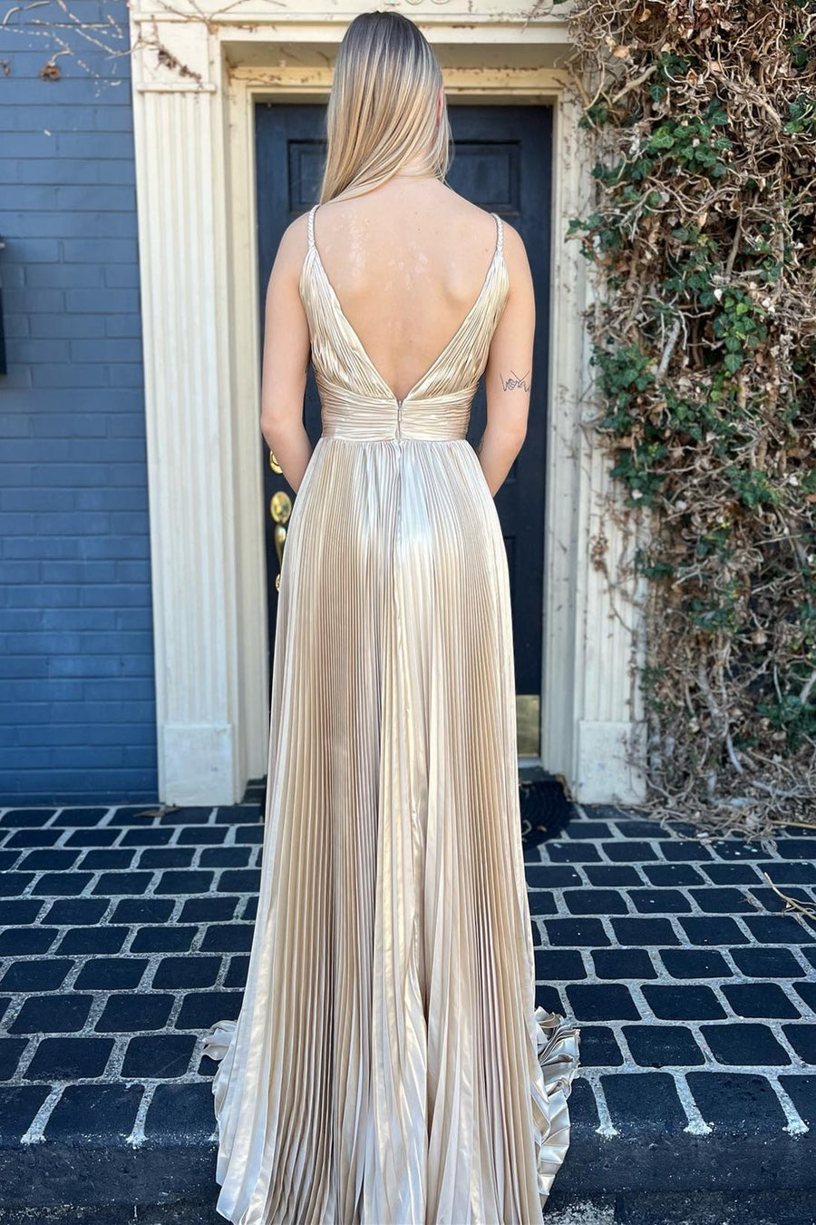 Gold V-Neck Banded Waist Backless A-Line Long Formal Dress