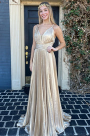 Gold V-Neck Banded Waist Backless A-Line Long Formal Dress