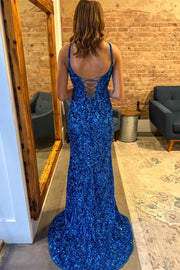 Blue Sequin Lace-Up Mermaid Long Prom Dress with Slit
