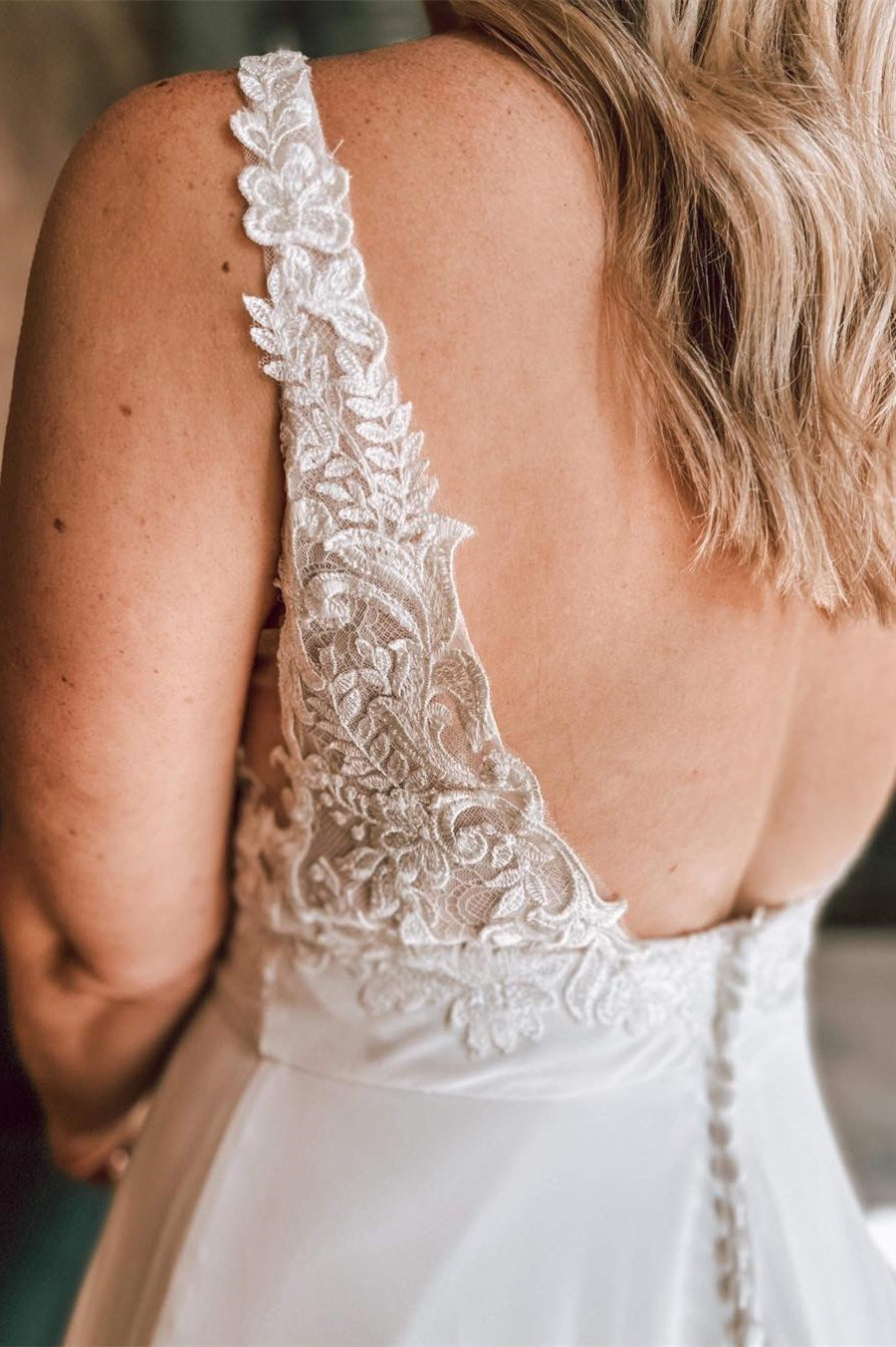 White Floral Lace Open Back Long Bridal Gown