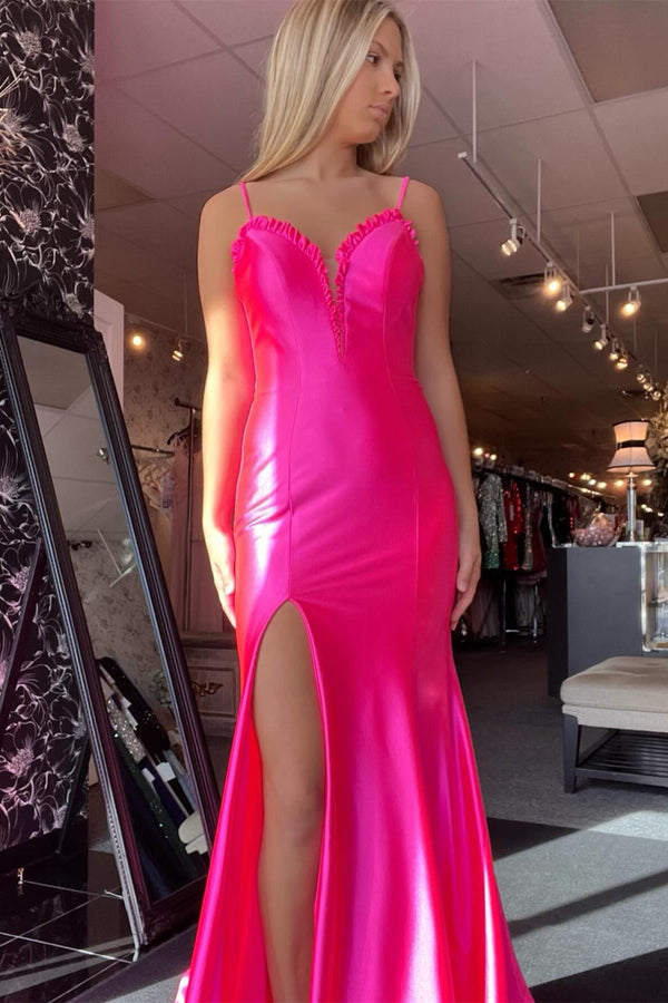 Pink Lace-Up Back Ruffle Mermaid Long Prom Dress with Slit – Modsele