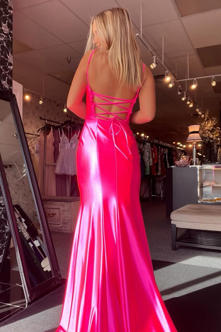 Pink Lace-Up Back Ruffle Mermaid Long Prom Dress with Slit