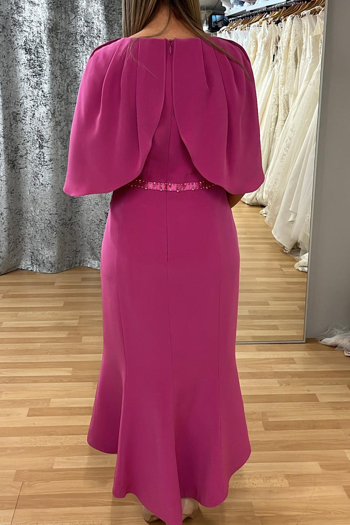 Magenta Beaded Cape Sleeve Mermaid Mother of the Bride Dress