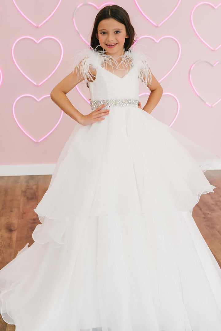 White Feathers V-Neck Beaded Ruffle Tiered Girl Pageant Dress