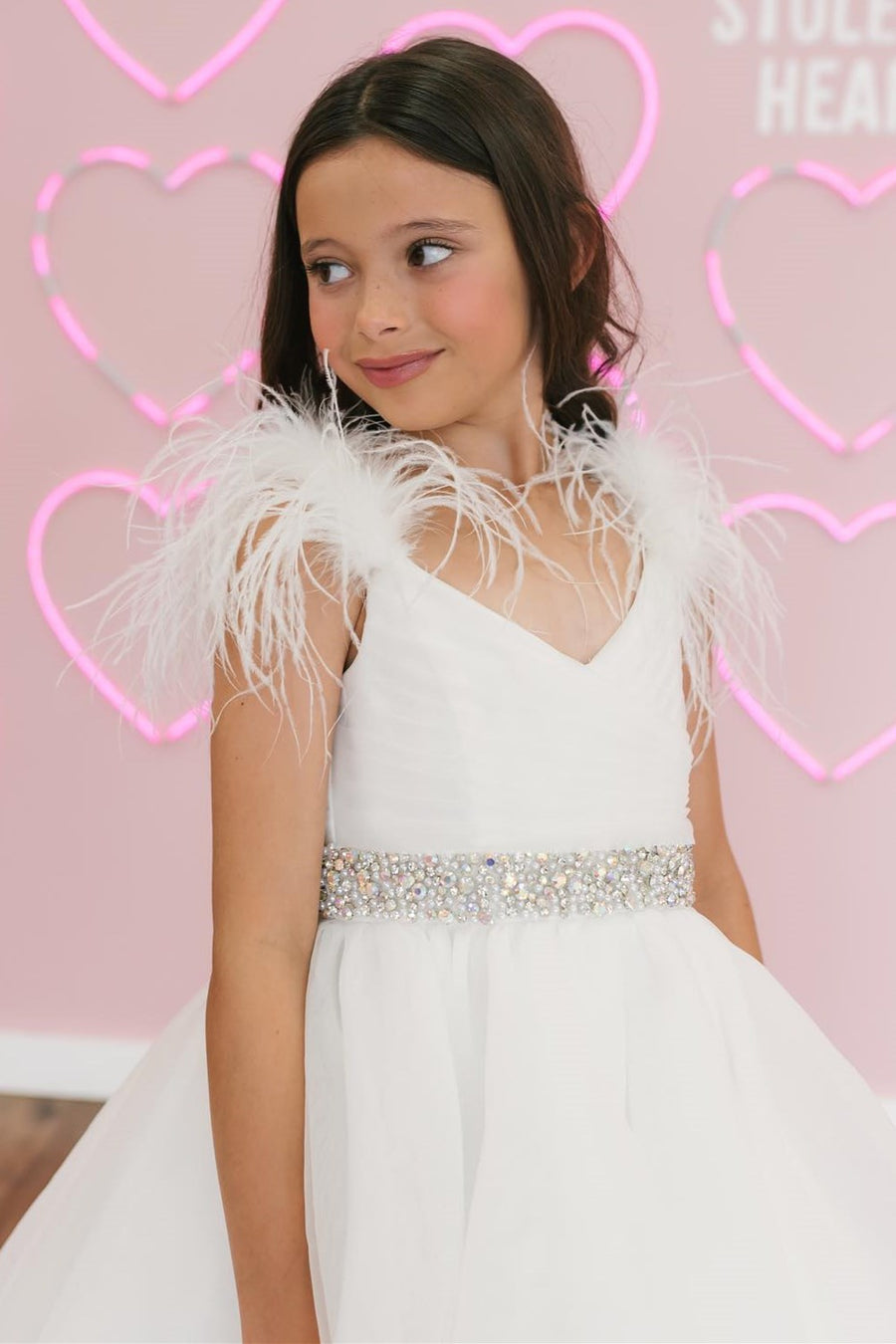 White Feathers V-Neck Beaded Ruffle Tiered Girl Pageant Dress