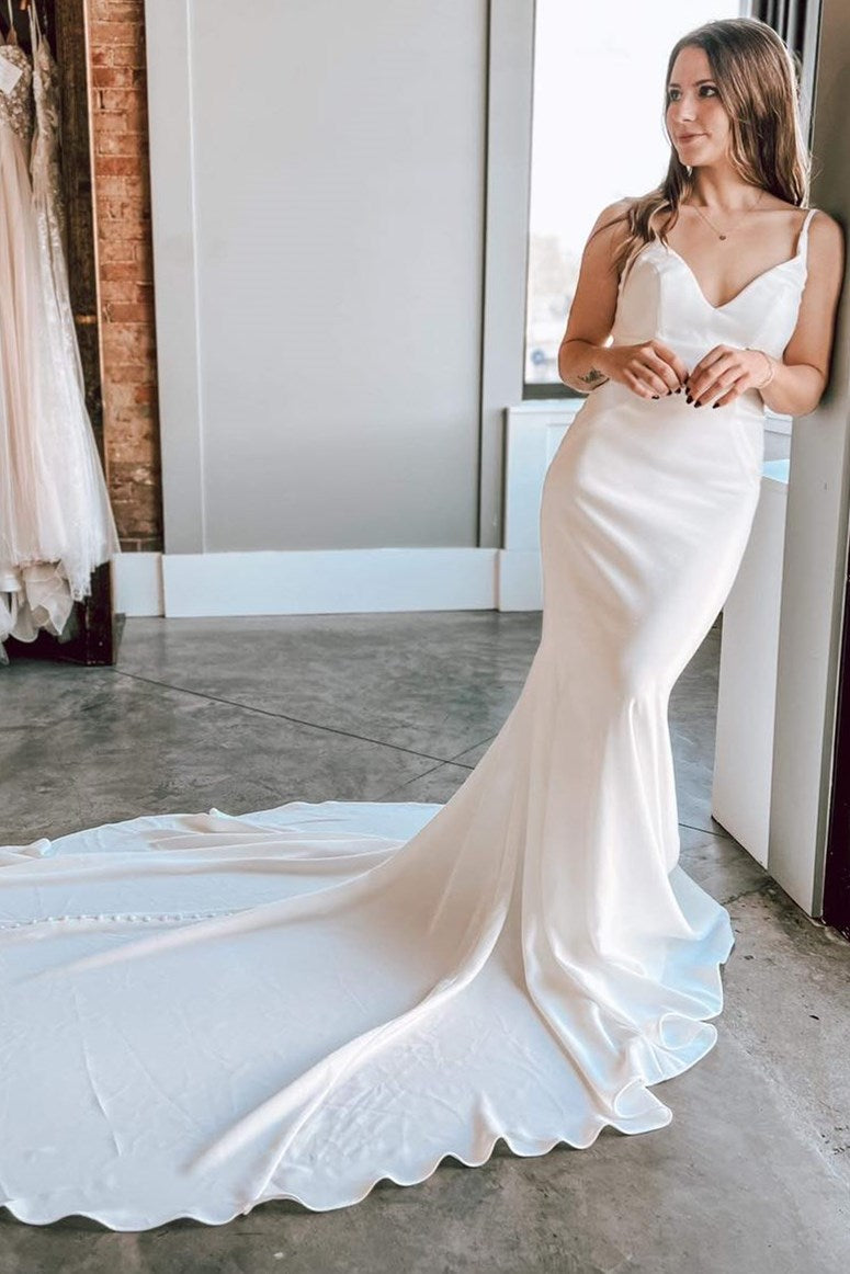White V-Neck Tie-Back Mermaid Long Wedding Dress  Modsele