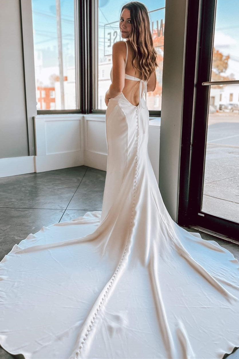 White V-Neck Tie-Back Mermaid Long Wedding Dress