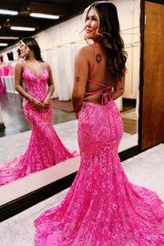 Hot Pink Sequin Lace V-Neck Trumpet Long Prom Dress