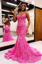 Hot Pink Sequin Lace V-Neck Trumpet Long Prom Dress