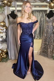 Navy Blue Appliques Off-the-Shoulder Long Prom Dress with Slit