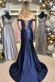 Navy Blue Appliques Off-the-Shoulder Long Prom Dress with Slit