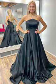 Simple Black Strapless A-Line Long Prom Dress