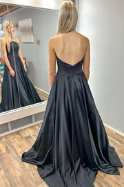 Simple Black Strapless A-Line Long Prom Dress