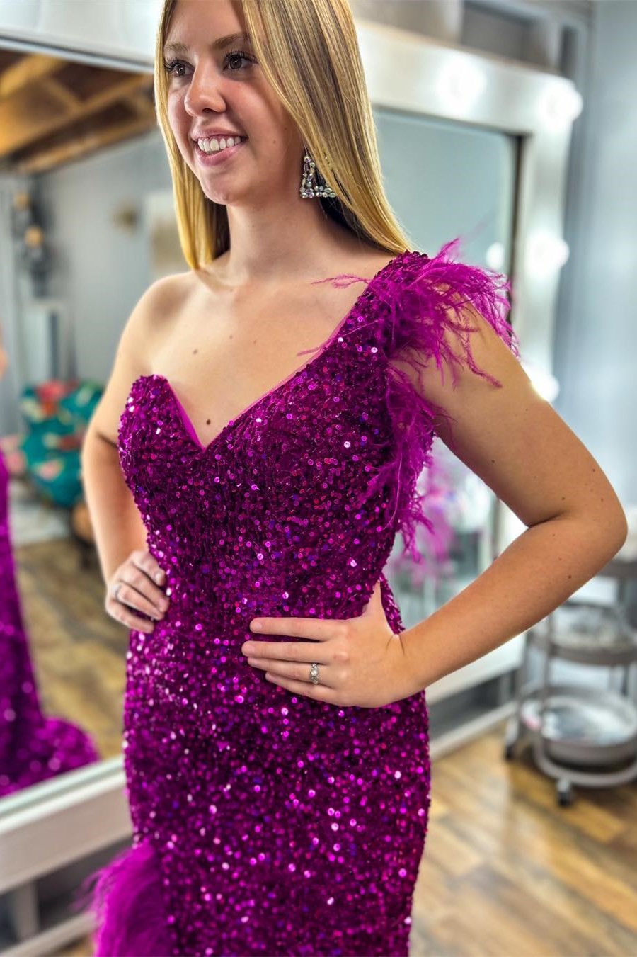 Magenta Sequin One-Shoulder Long Prom Dress with Feathers