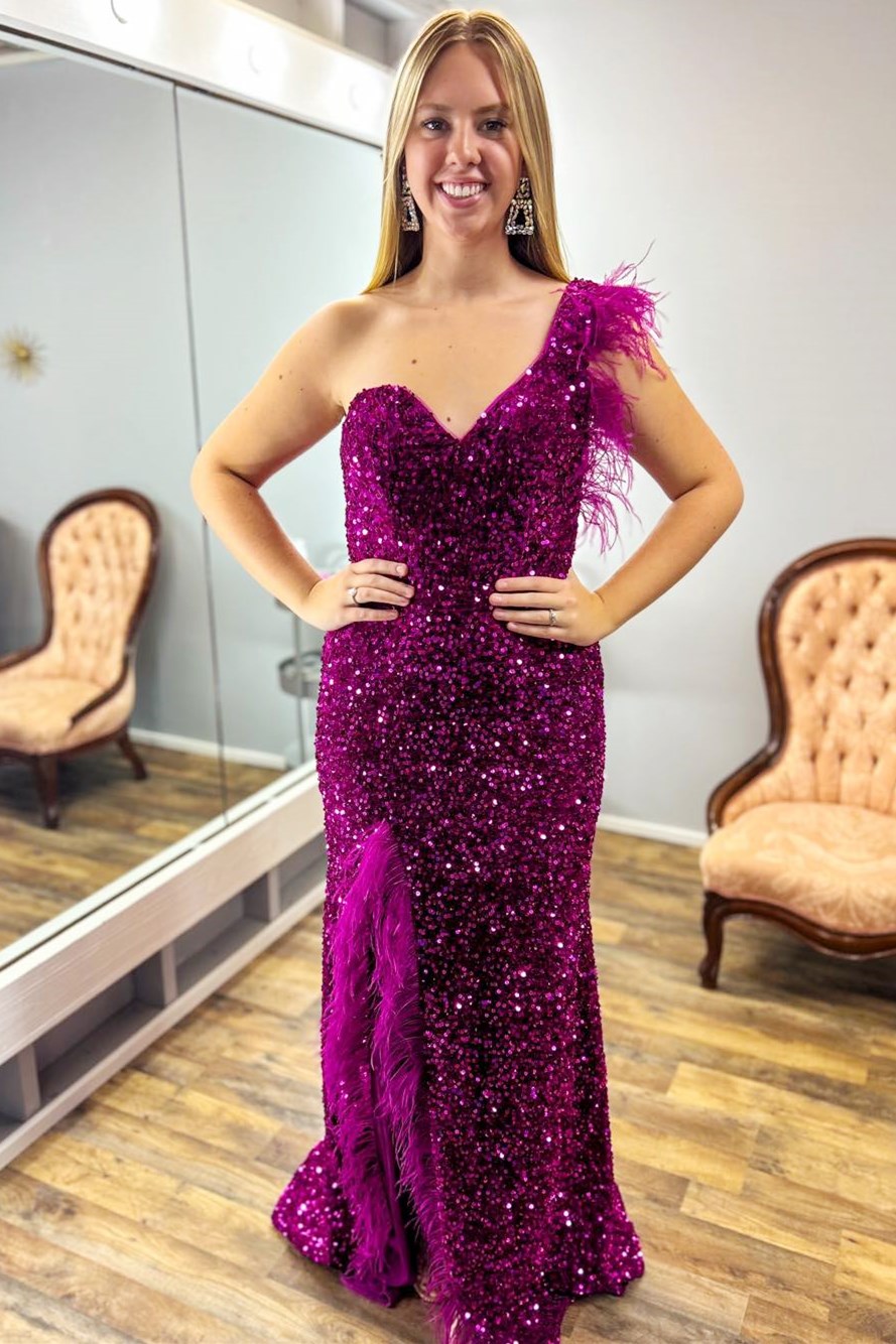 Magenta Sequin One-Shoulder Long Prom Dress with Feathers