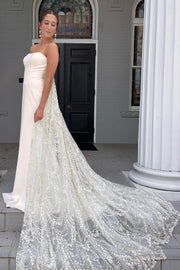 White Strapless Mermaid Long Wedding Dress with Attached Train