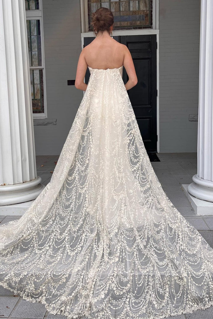White Strapless Mermaid Long Wedding Dress with Attached Train