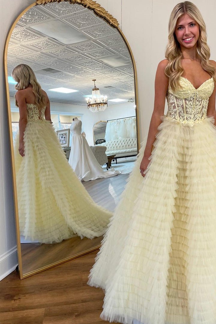 Appliques Sweetheart Ruffle Tiered A-Line Prom Dress in yellow