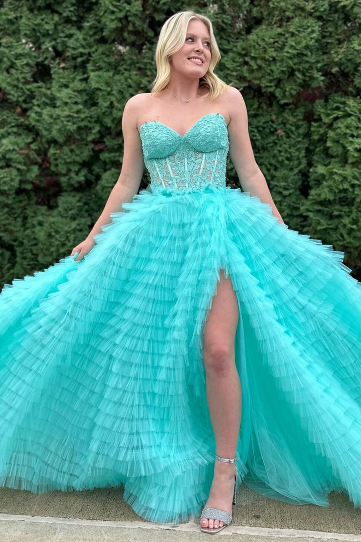 Appliques Sweetheart Ruffle Tiered A-Line Prom Dress in aqua blue