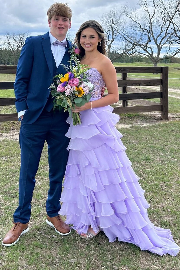 Royal Blue Chiffon Sweetheart Ruffle Tiered Long Prom Dress