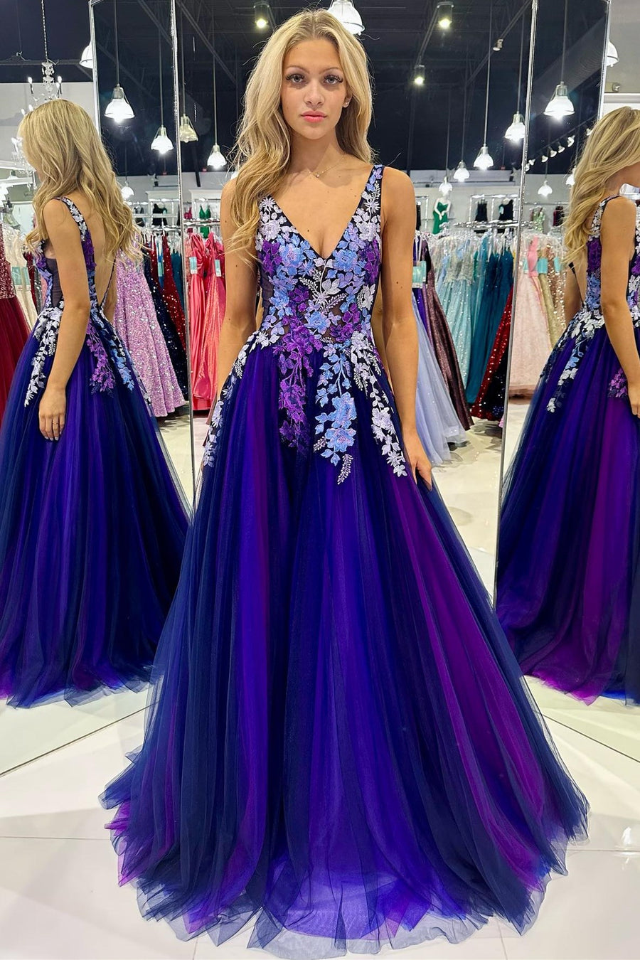 Purple Tulle Appliques V-Neck Open Back Long Prom Dress