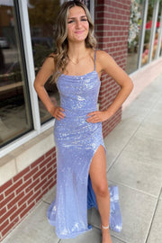 Periwinkle Sequin Cowl Neck Backless Mermaid Long Dress with Slit