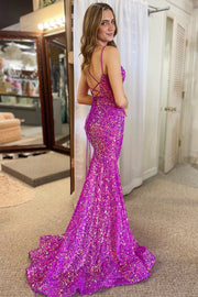 Magenta Sequin Lace-Up Mermaid Long Prom Dress