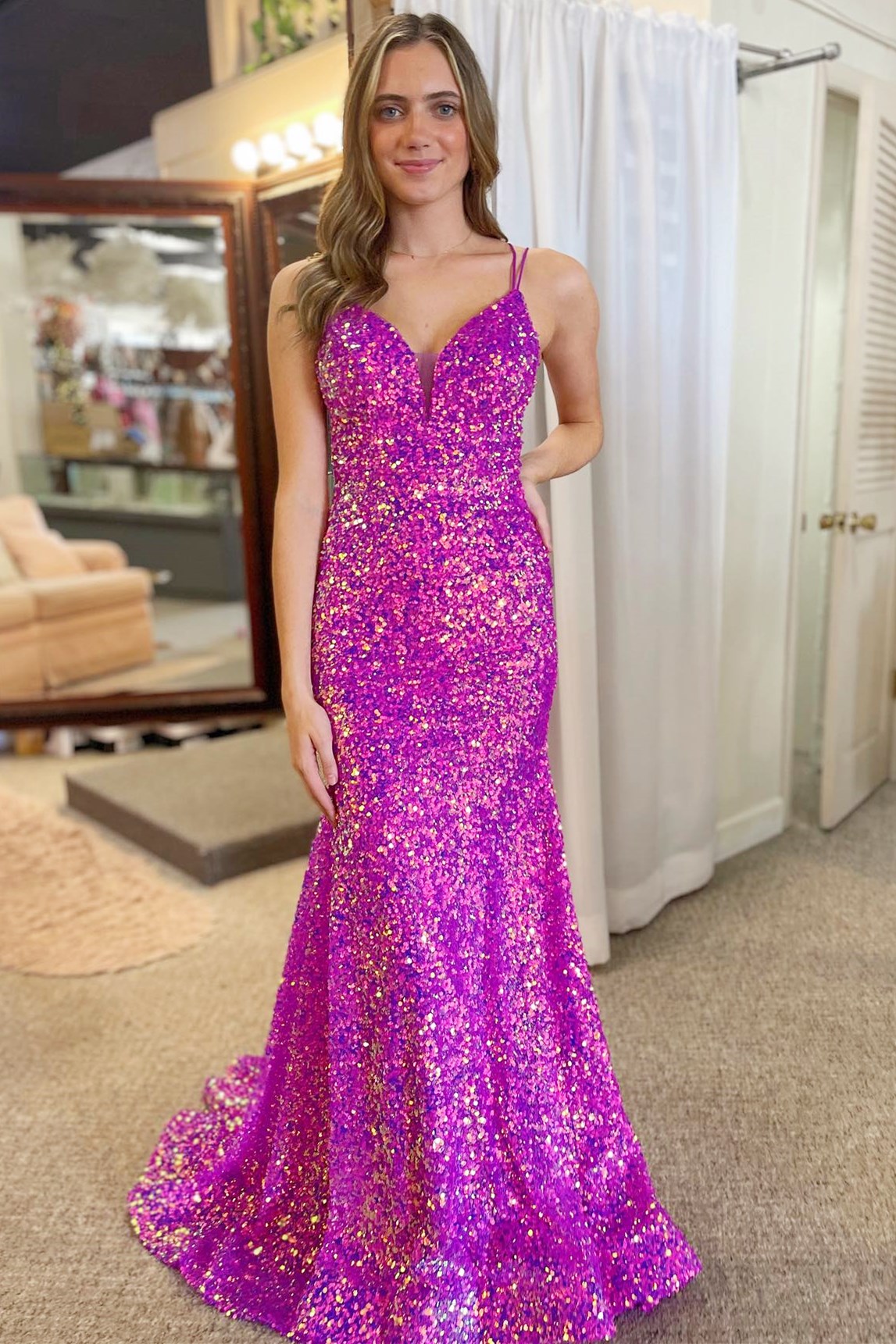 Magenta Sequin Lace-Up Mermaid Long Prom Dress Modsele Magenta Sequin Lace-Up Mermaid Long Prom Dress Modsele