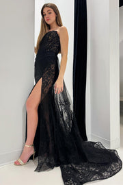 Black Lace Strapless Long Formal Dress with Attached Train