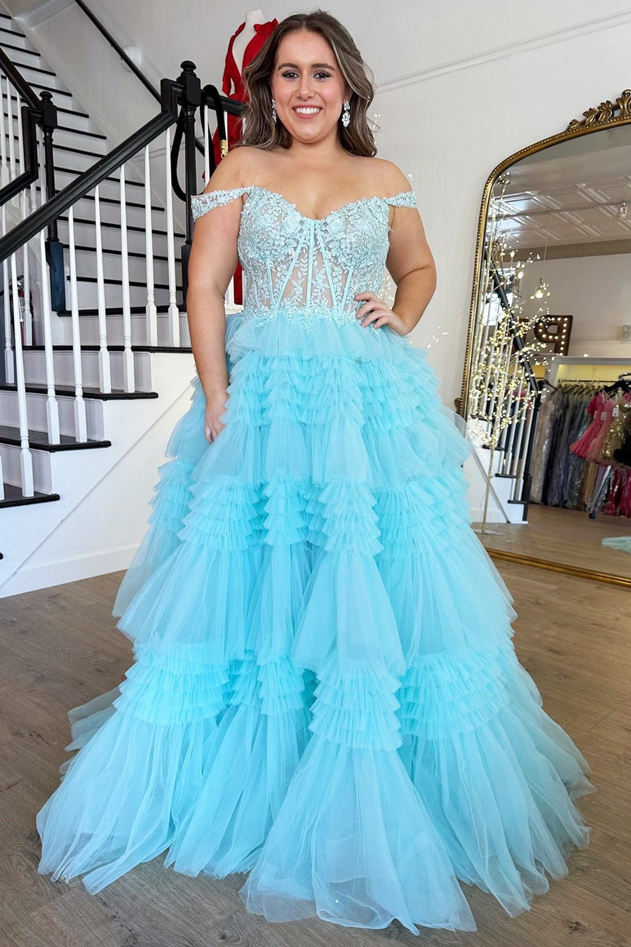 Red Tulle Off-the-Shoulder Ruffle Tiered Long Prom Dress
