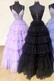 Black Beaded Spaghetti Strap Ruffle Tiered Ball Gown