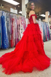 Red Tulle Off-the-Shoulder Ruffle Tiered Long Prom Dress
